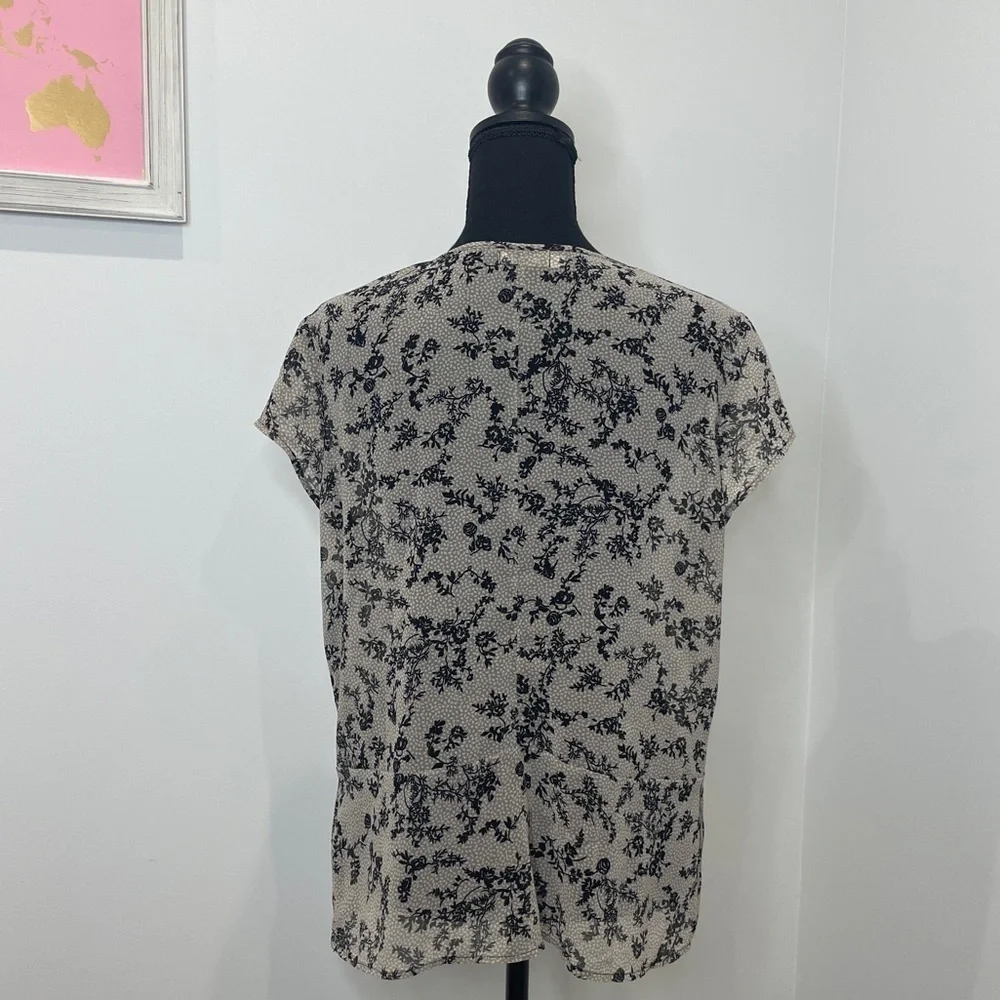 Hinge Floral Black and Gray Lace Trim Sheer Top